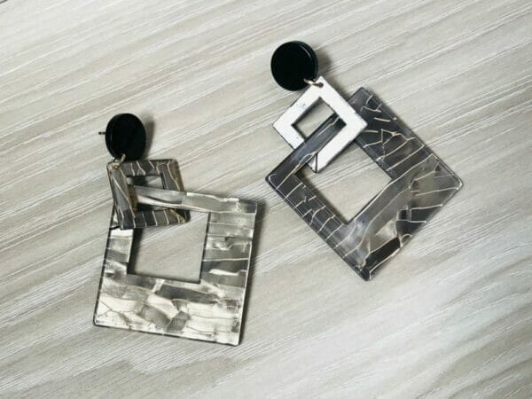 Acetate_Geometric_tan_grey_dangle_earring Square Acrylic GeometricEarrings
