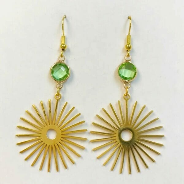GreenRhinestoneSunRaymetalearrings Gold Sun Earrings Green CZ sotone wire wrap handmade earrings