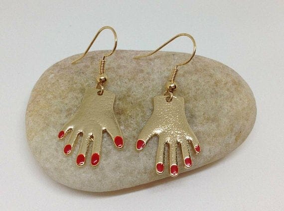 Red Finger Nail Novelty Earrings, Hand Earrings, Huggie Earrings