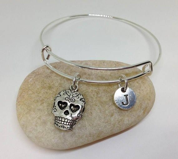 Initial_Sugar_skull_bangle Sugar skull Charm Initial bangle bracelet