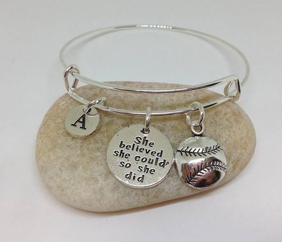 Softball Charm Bangle Bracelet, Baseball Bracelet, Coach Gift