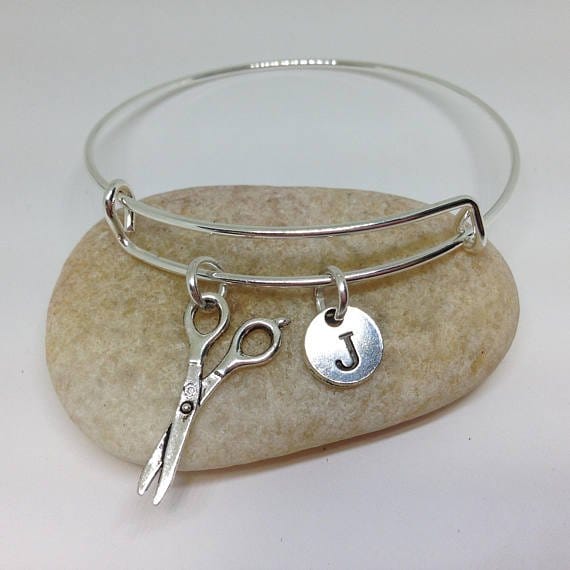 Initial_bangle_Hairdresser Hairdresser Bracelets, Scissor charm Bangle