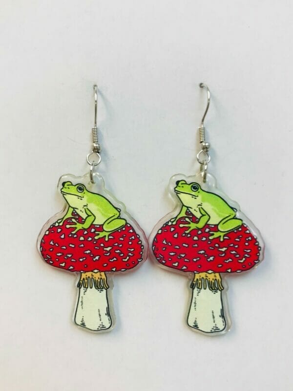 Toadstool Earrings, Red Mushroom Earring, Frog Earrings