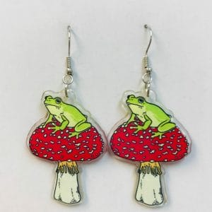 Toadstool Earrings, Red Mushroom Earring, Frog Earrings
