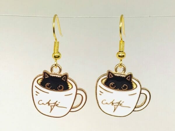 Black Cat In Coffee Cup Earrings