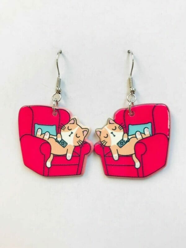 cutekittyoncouchredearrings Red Kitty cat on couch Earrings