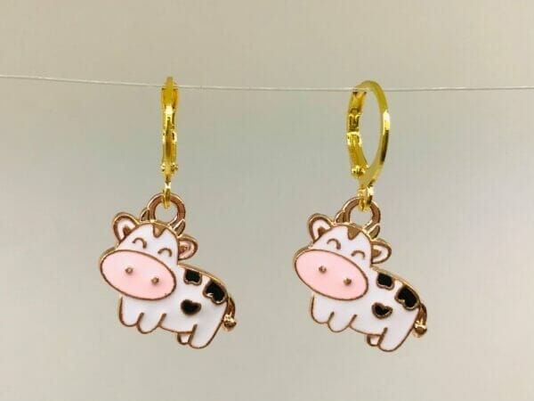 kawaiicowhuggieearrings Kawaii Anime cartoon Cow Earrings , enamel huggie earrings