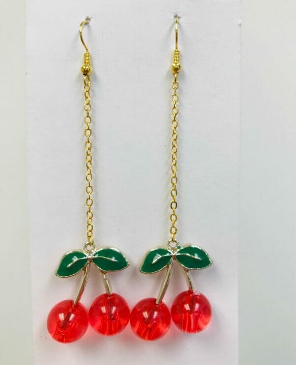 resin red cherry dangle earring gold color