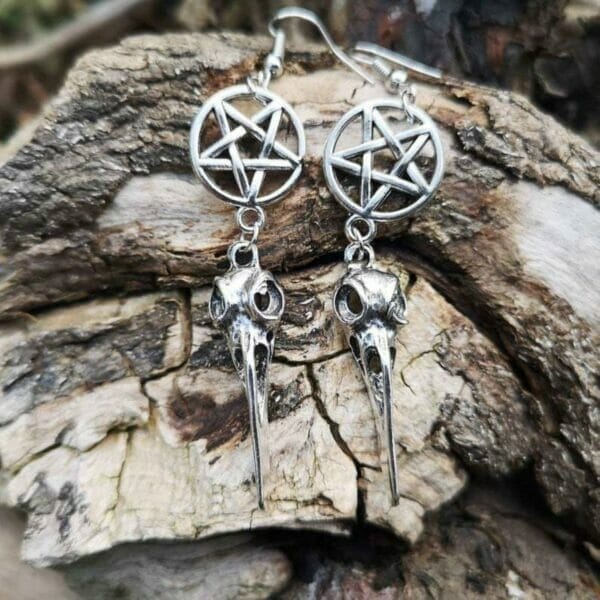 Pentagram and Crow Skull Earrings Gothic