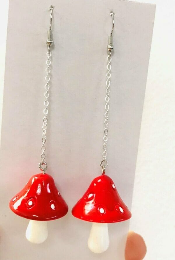 silverlongdangleredmushroomearrings Red Mushroom novelty dangle earrings