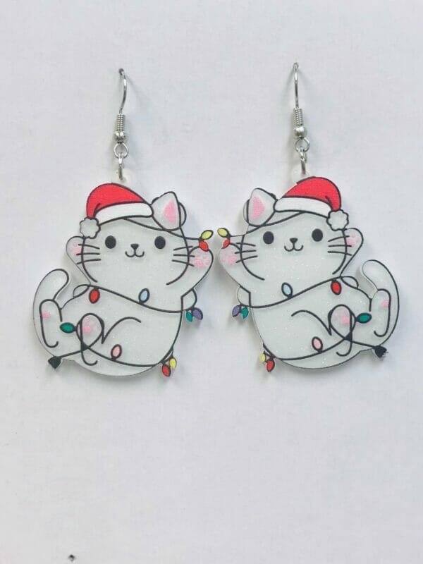 White Rolling Cat With Hat Earrings