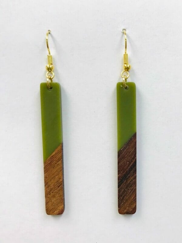 woodbargreenresinmixearrings Smoky Resin Wood Long Bar Earrings Wholesale
