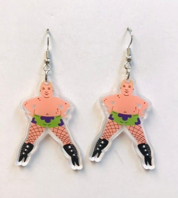 fishnet_stocking_guy_earrings Acrylic Fishnet Stocking Pole Dancer Girl Animate Earrings
